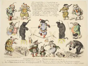 Satirical Cartoon Prints Drucke: Elephantine Performances, pub. C. 1854 (hand coloured etching)
