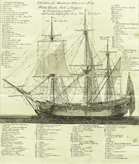 Black And White Sailing Ships Drucke: Elevation of a Merchant-Ship with all her Masts