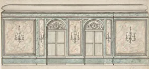 British Building Design Drucke: Elevation of a Wall with Two Windows and Five Wall Lights, 19th century. Creator: Anon