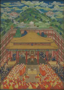 Kaiser Qianlong empfängt Ubaših Khān, den Herrscher der Torghuten im Kalmyken-Khanat am Putuozhen