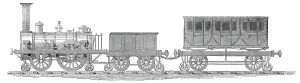 British Steam Locomotive Drucke: Engine, tender, and carriage - side view, 1845. Creator: Unknown