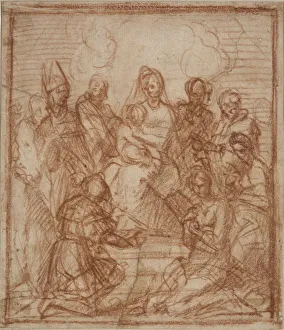 Sanguine On Paper Drawings Drucke: Enthroned Madonna with Child and eight saints (Composition study)