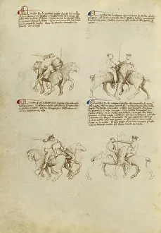 Illuminated Manuscript Illustration Drucke: Equestrian Combat with Sword, about 1410. Creator: Unknown