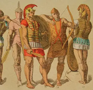 Drucke von Etrusker, 1881. Von links nach rechts: 10- Chiton, 11, 12 und 13 - Etruskisches Panzerung, 14 - Lederkleidung mit Bronze-Schild, 15 - Etruskisches Panzerung Cantu Drucke: Etrusker, 1881. Künstler: Unbekannt.
