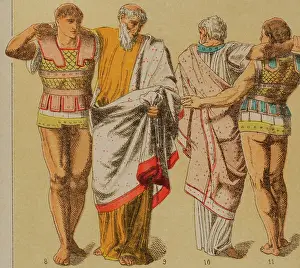 Drucke von Etrusker, 1881. Von links nach rechts: 8 - Etruskisches Panzer, 9 und 10: Chiton, 11- Etruskisches Panzer. Aus Historia Universal (Universale Geschichte) von Cesar Cantu, Band II, 1881 Cantu Drucke: Etrusker, 1881. Künstler: Unbekannt.
