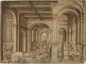 Pen And Ink Drawing Techniques Drucke: Four Evangelists in a Scriptorium, 1539. Creator: Master I.K