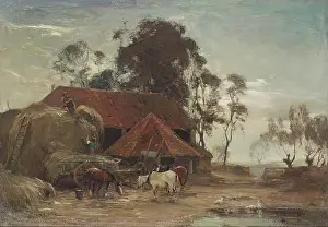 Agricultural Landscape Art Drucke: Evening - Building the Stack, c1870-1920. Creator: James Lawton Wingate