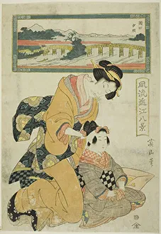 Abendglanz bei Seta (Seta sekisho), aus der Serie Modevolle acht Ansichten von... um 1814/17. Künstler: Kikukawa Eizan. Abendglanz bei Seta (Seta sekisho), aus der Serie Modevolle acht Ansichten von... um 1814/17. Künstler: Kikukawa Eizan