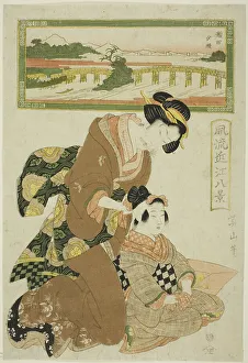 Abendglanz bei Seta (Seta sekisho), aus der Serie Modevolle acht Ansichten von... um 1814/17. Künstler: Kikukawa Eizan. Abendglanz bei Seta (Seta sekisho), aus der Serie Modevolle acht Ansichten von... um 1814/17. Künstler: Kikukawa Eizan