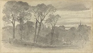 Rural Life In England Drucke: An Evening Landscape with a Distant Cathedral. Creator: Birket Foster