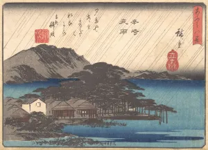 Polychrome Woodblock Print Artists Drucke: Evening Rain at Karasaki Pine Tree, ca. 1834-35. Creator: Ando Hiroshige
