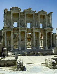 Celsus Library Ephesus Drucke: Facade of Celsus Library, Ephesus, Near Selcuk, Turkey, 1999. Creator: LTL