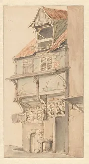 Adriaen Van Ostade Artwork Drucke: Facade of a corner house with an open dormer window