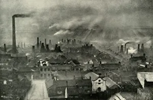 Drucke von Ein Fabrikgelände im Potteries (1938). Rauch aus den Chimneien in der Industriezone genannt Staffordshire Potteries, Stoke-on-Trent Schwarz-Weiß-Drucke: Ein Fabrikgelände im Potteryland, 1938