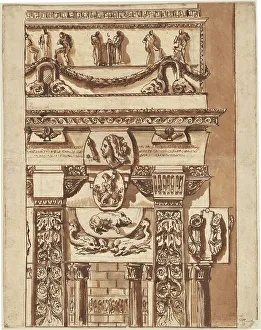 Antique Italian Art Drucke: Fantasy of a Façade with Bizarre Ornaments