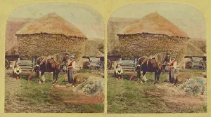 British Rural Scene Drucke: Farmer holding horse, large haystack in background, about 1860. Creator: Unknown