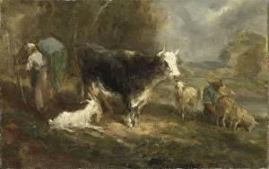 Dutch Countryside Scene Drucke: Farmyard with Cattle, 1849. Creator: Eugene Fromentin