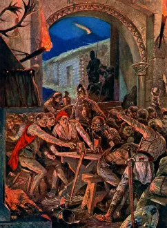 Drucke von Der letzte Festmahl der Männer von Robert de Comine in Durham am 1069. , (ca. 1920). Illustrierung aus 'Story of the British Nation', Band I., von Walter Hutchinson, (Londres ca. 1920er Jahre) Caton Woodville Drucke: Der letzte Festmahl von den Männern Roberts de Comine in Durham