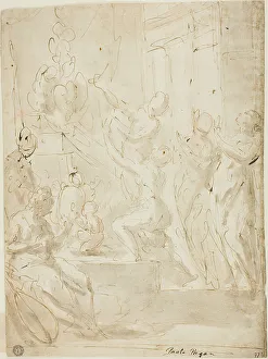 Black And White Artwork Italy Drucke: Figures at an Altar or Classical Sacrifice, n.d. Creator: Paolo Pagani