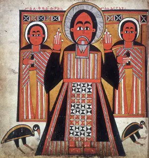 African Christian Art Drucke: Three figures, two with swords. Creator: Unknown