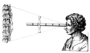 Robert Fludd Engraving Drucke: Finding the angular distance between two edges of a wood using a cross-staff, 1617-1619