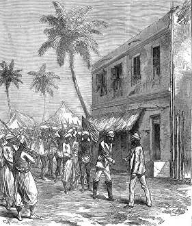 Drucke von Der Rückkehr von Mr. Stanley nach Bagamoyo, ein Stich von Lt. Henn, 1872: Am Abend des 7. Mai wurden Schüsse und das Läuten von Hornen gehört, woraufhin Mr David Livingstone Drucke: Der Treffpunkt von Dr. Livingstone: Rückkehr von Herrn Stanley nach Bagamoyo