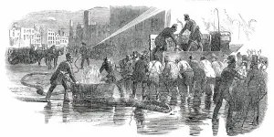 Victorian Era Firefighting Drucke: The Fire-Brigade, 1850. Creator: Unknown