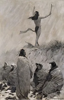 Der Feuermensch hob seine Arme zum Sturmfalke, um ca. 1900 von Frederic Remington