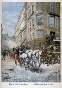 Historic Firefighting Equipment Drucke: Fire engine on the way to a fire, Paris, 1896. Artist: G Busson