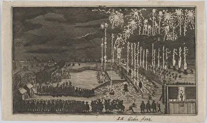 Feuerwerkdisplay in Nürnberg 1649, reduzierte Kopie der Kurzen Beschreibung dess Kunstlichen Feuers, nach dem Jahr 1649. Künstler: Anonymous