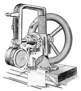 Sewing Machine History Drucke: First lockstitch sewing machine, invented by Elias Howe, c19th century
