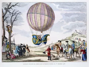 Drucke von Erster bemerkter Flug mit einem Wasserstoffballon in Frankreich am 1 Dezember 1783 (1887) Jacques Charles Drucke: Erster bemerkter Flug eines Menschen mit einem Wasserstoffballon