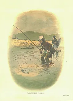 Drucke von Jagen, 1820, ca. 1910. Einer eines Satzes Werbeschilder mit dem Stridingsmann von Johnnie Walker in verschiedenen Sportläufern Tom Browne Drucke: Fischfang, 1820, ca 1910. Ersteller: Tom Browne