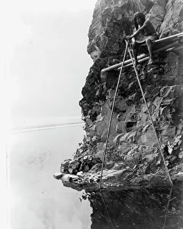 North American Indigenous Peoples Drucke: Fishing platform on Trinity River-Hupa, c1923. Creator: Edward Sheriff Curtis