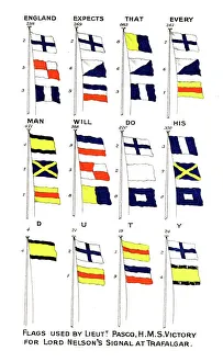 Drucke von Flaggen für Nelsons berühmten Signal am Schlachttage von Trafalgar im Jahr 1805 Verwandte Bilder Drucke: Flaggen, die für Nelson berühmten Signal an der Schlacht von Trafalgar am 1