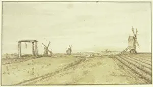 Heritage Art Belgium Drucke: Flat landscape with windmills and gallows. Creator: Gillis Neyts