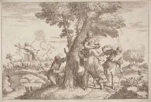 Flight Into Egypt Painting Drucke: The Flight into Egypt with a Shepherd Watching from Behind a Tree