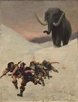 Academic Art Drucke: The Flight Before the Mammoth, 1885