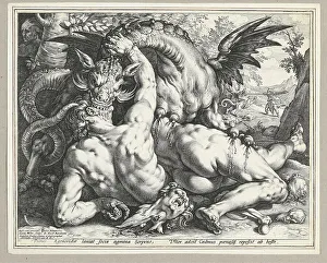 Zwei Anhänger von Kadmos verschlungen von einem Drachen. (Nach Cornelis Cornelisz van Haarlem), 1588. Schöpfer: Goltzius, Hendrik (1558-1617)