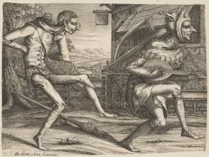 Drucke von Zwei Narren tanzen aus Zwei und drei Narrengeschichten vom Karneval, 1642. Nach Pieter Bruegel dem Älteren Pieter Bruegel Der Ältere Drucke: Zwei Narren tanzen aus Zwei und drei Narrengeschichten des Karnevals, 1642