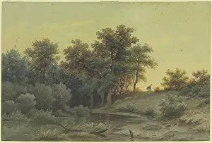 German Heritage Art Gallery Drucke: Forest edge with a river in the evening light, 19th century. Creator: Jakob Maurer