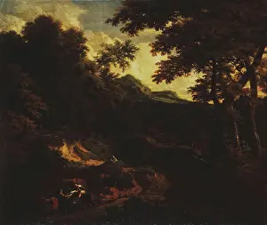Drucke von Waldbild mit Figuren an der Straße, 1695 Wald Und Waldszenen Drucke: Waldlandschaft mit Figuren an der Straße, 1695. Künstler: Cornelis Huysmans