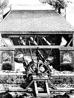 Schmieden mit Blasen durch ein untergesetztes Wasserrad über Schleifringe, 1673