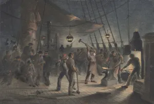 Atlantic Ocean Cable Laying Drucke: The Forge on Deck, Night of August 9th: Preparing the Iron Plating for Capstan, 1865-66