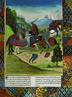 Französische Miniatur, die einen Kampf zwischen mittelalterlichen Rittern darstellt. Künstler: Unbekannt.