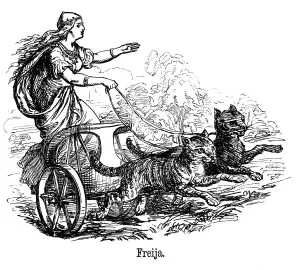 Frige (Frigga) Göttin der Liebe im skandinavischen Mythos, die ihr Wagen mit Katzen gezogen führt