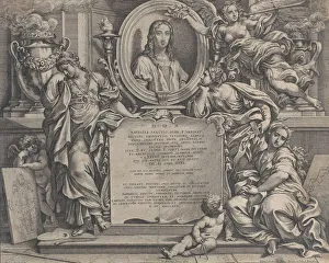 Raphael Portrait Drucke: Frontispiece with oval portrait of Raphael, with three allegorical figures of the Arts
