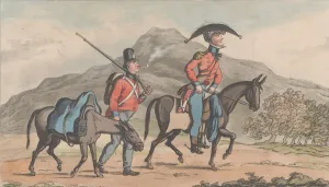 Hand Coloured Aquatint Drucke: Frontispiece: Starting to join his regiment, from