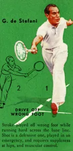 Tennis Court Action Shots Drucke: G. de Stefani - Drive Off Wrong Foot, c1935. Creator: Unknown