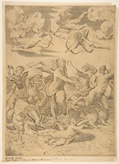 Italian Black And White Art Drucke: Galatea riding in a shell pulled through the water by dolphins, a cupid below and f